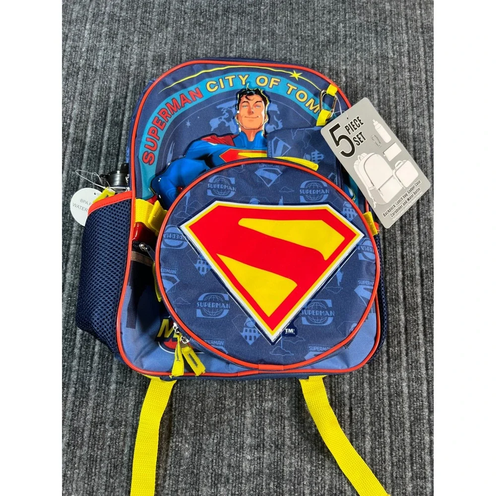 SUPERMAN Backpack Set Kids Blue 5-Piece Lunch Bag Water Bottle Pencil Case NWT